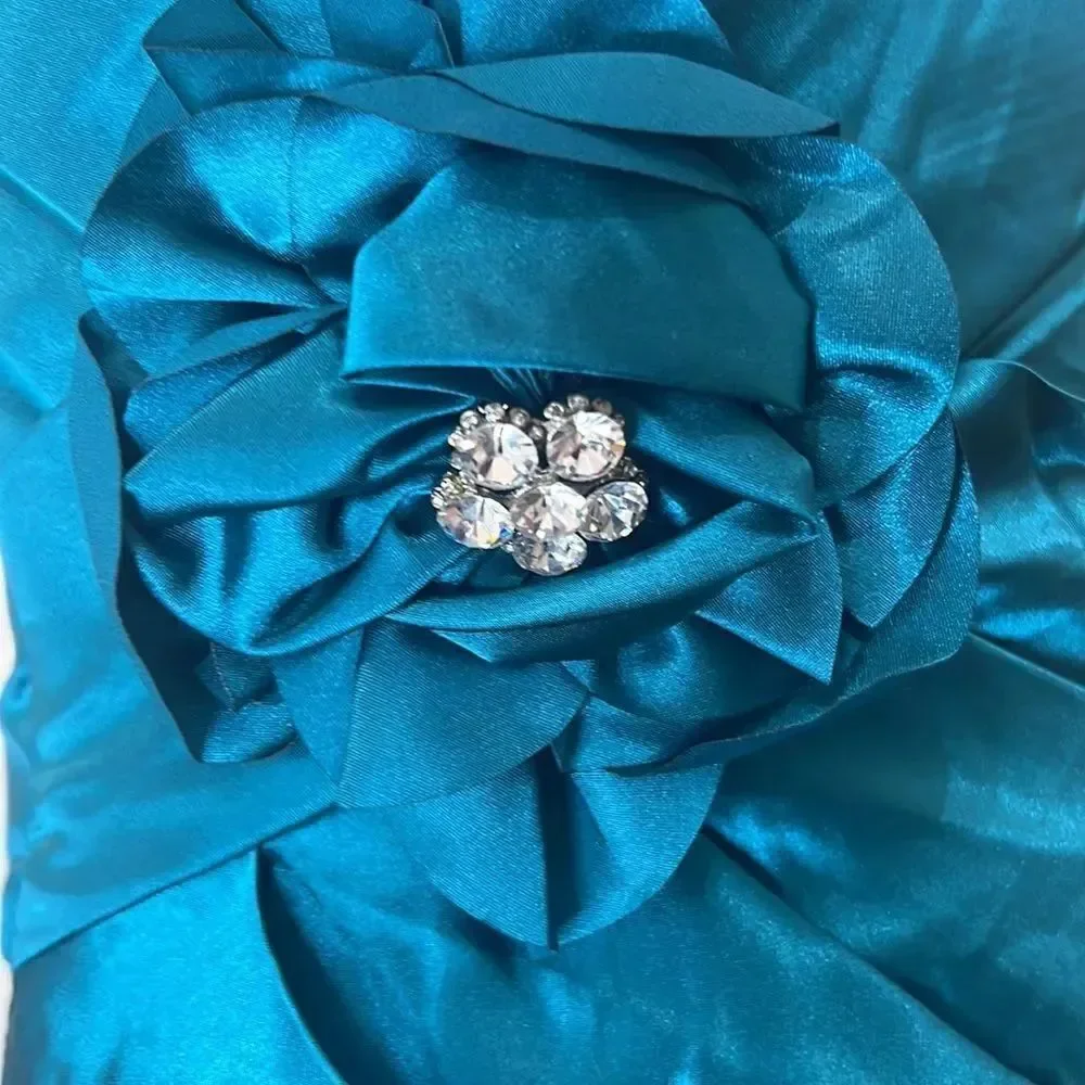 Cinderella Divine Dress XS One Shoulder Teal Green Diamond Floral Ruched Waist